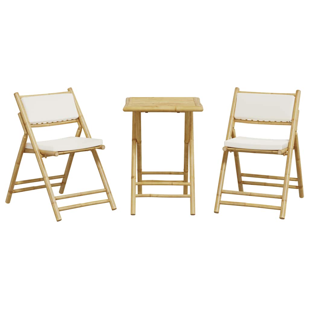 3 Pcs conjunto bistrô dobrável c/ almofadões branco nata bambu