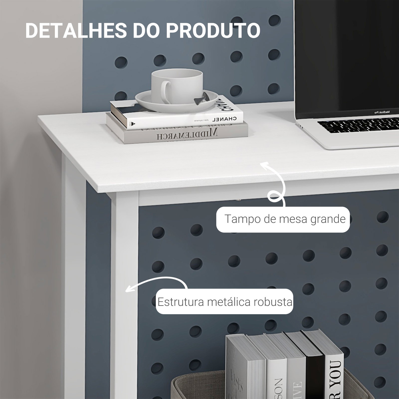 Secretária moderna mesa de estudo com estrutura de aço e pés ajustáveis mesa de computador 120x60x76 cm branco