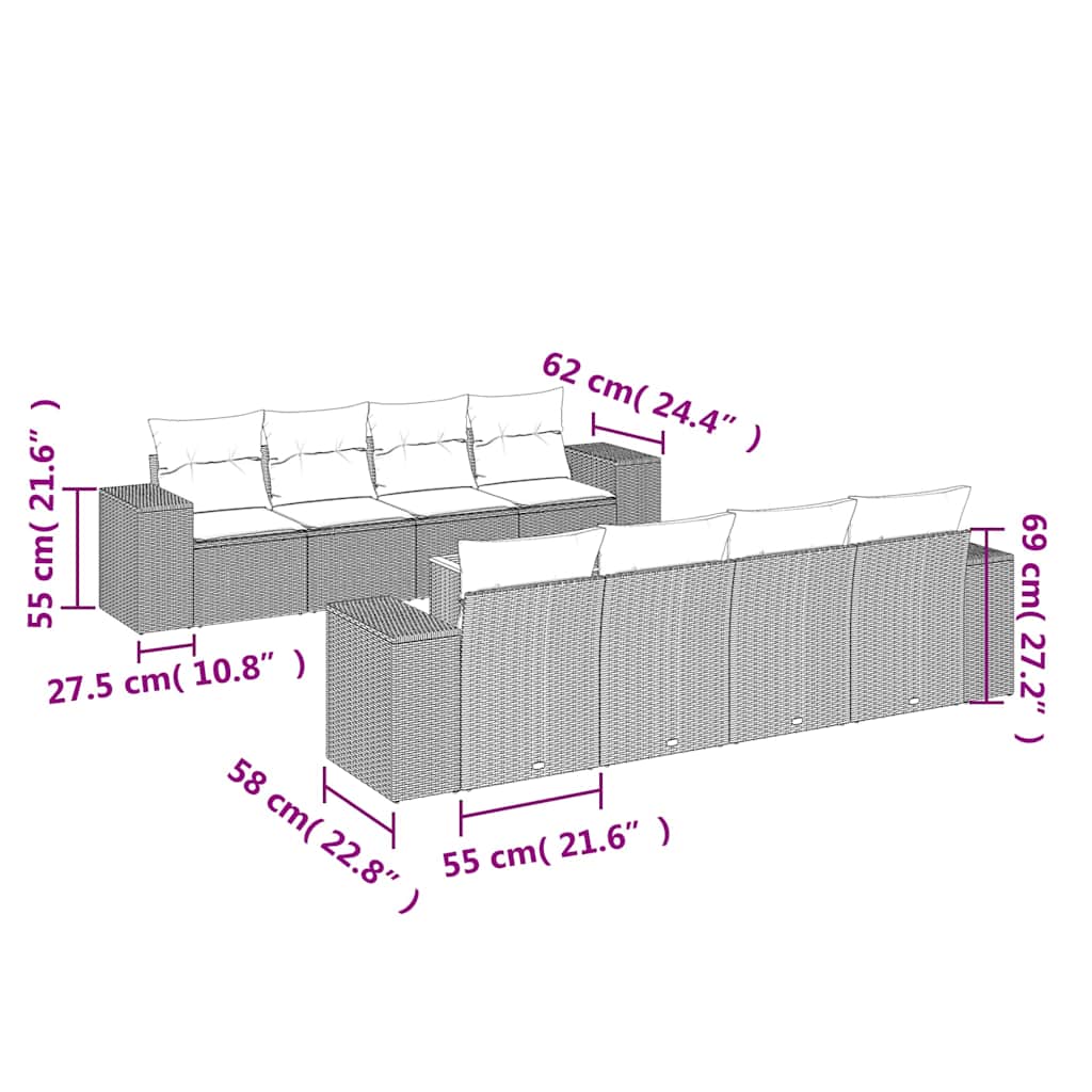 9 Pcs conjunto de sofás p/ jardim c/ almofadões vime PE preto