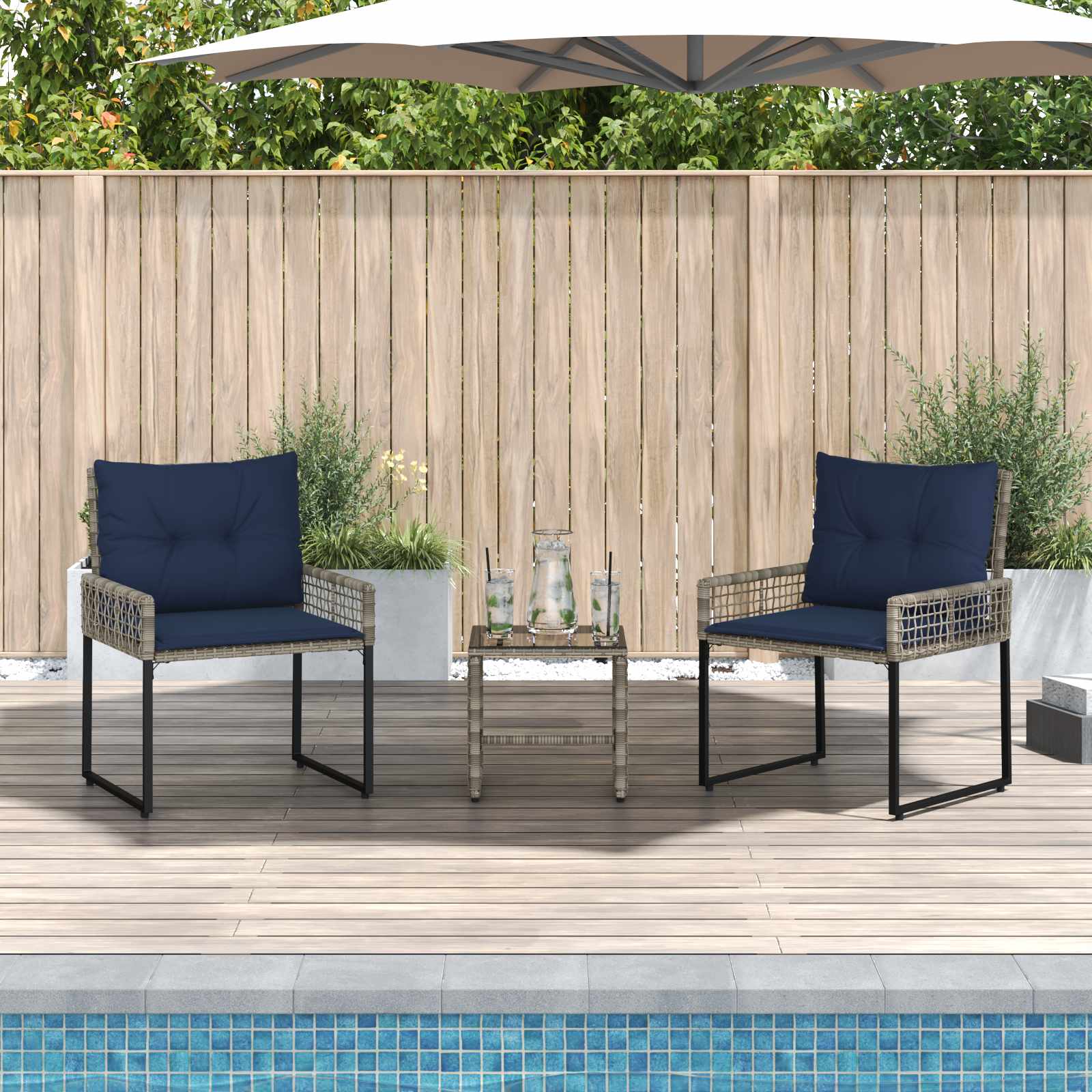 Conjunto de móveis para exterior 3 unid. cinza e azul marinho
