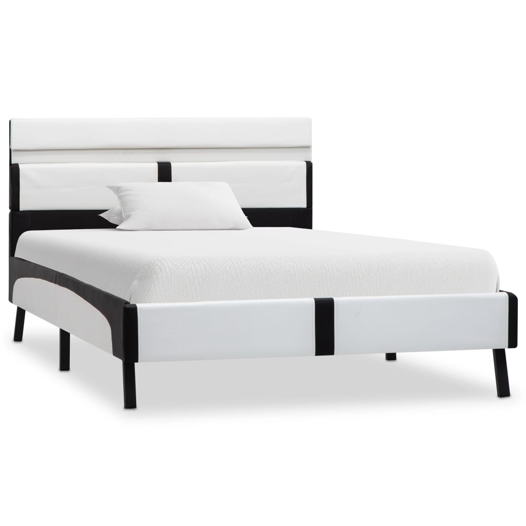Estrutura cama c/ LED 90x200 cm couro artificial branco e preto