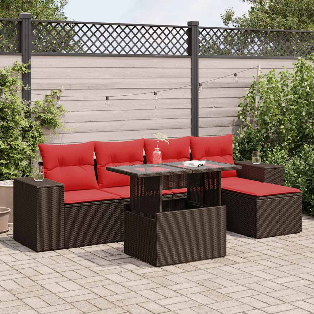 6 Pcs conj. sofás jardim c/ almofadões vime PE/acácia castanho