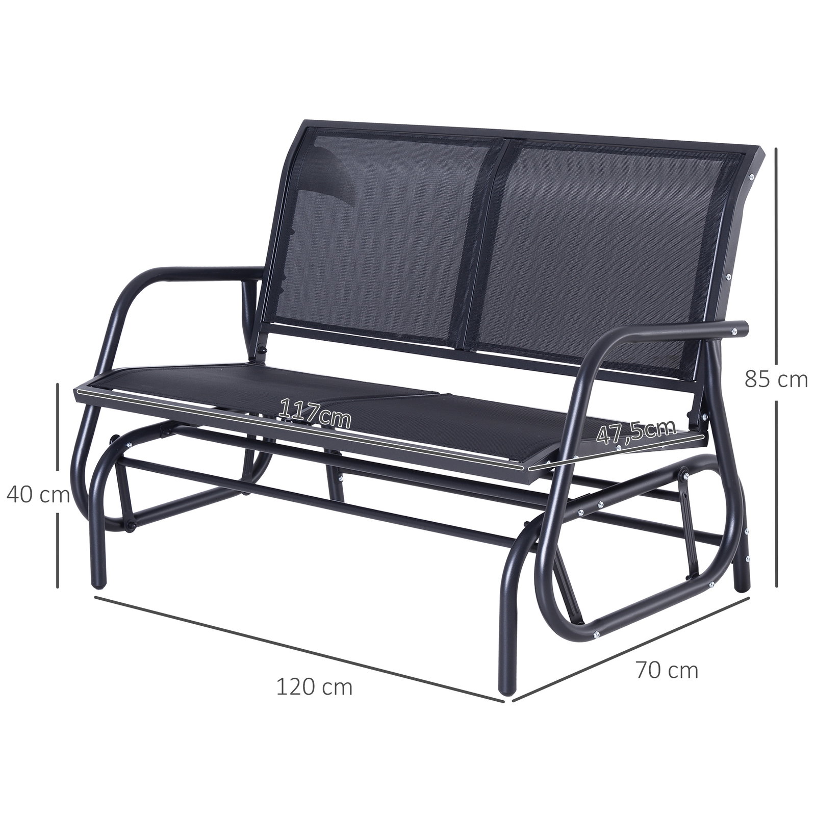 Baloiço de 2 lugares com tubo de metal e tecido de textilene para exteriores carga máx. 200 kg 120x70x85 cm preto