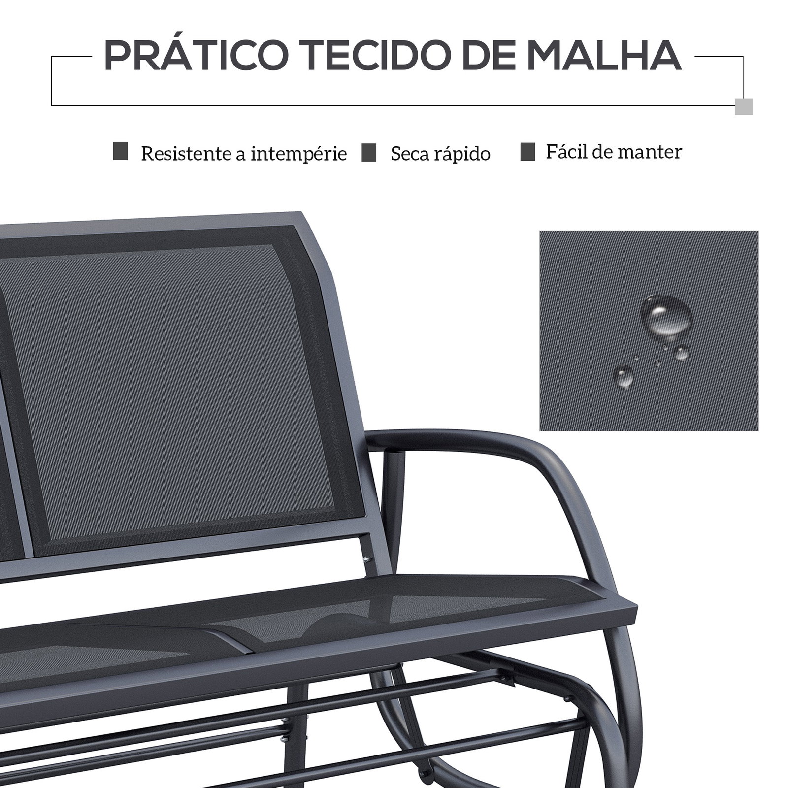 Baloiço de 2 lugares com tubo de metal e tecido de textilene para exteriores carga máx. 200 kg 120x70x85 cm preto