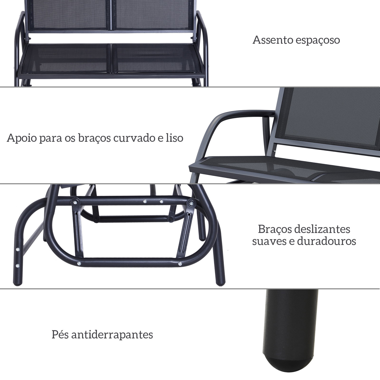 Baloiço de 2 lugares com tubo de metal e tecido de textilene para exteriores carga máx. 200 kg 120x70x85 cm preto