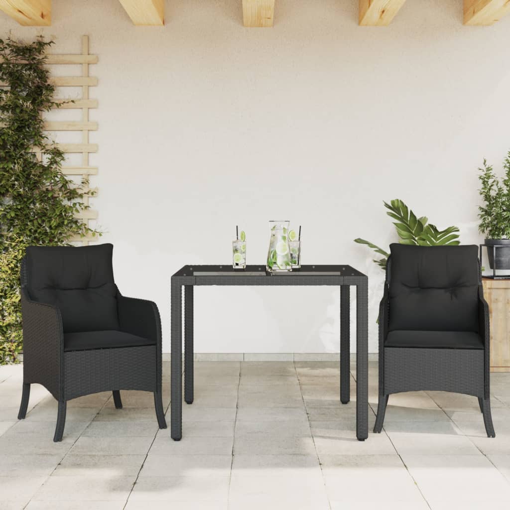 3 Pcs conjunto de jantar p/ jardim c/ almofadões vime PE preto