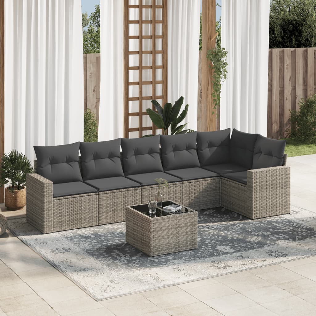 7 Pcs conjunto sofás p/ jardim c/ almofadões vime PE cinzento