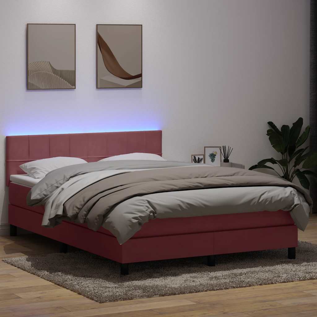 Cama box spring c/ colchão e LED 140x210 cm veludo rosa