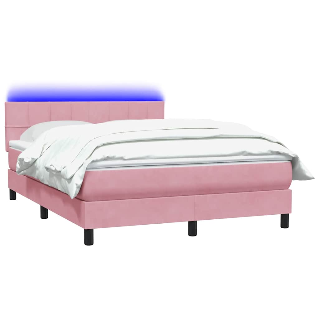 Cama box spring c/ colchão e LED 140x210 cm veludo rosa