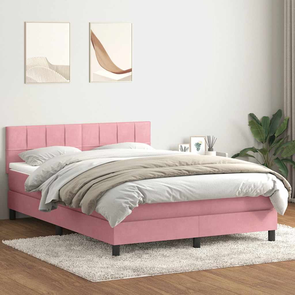 Cama box spring c/ colchão e LED 140x210 cm veludo rosa