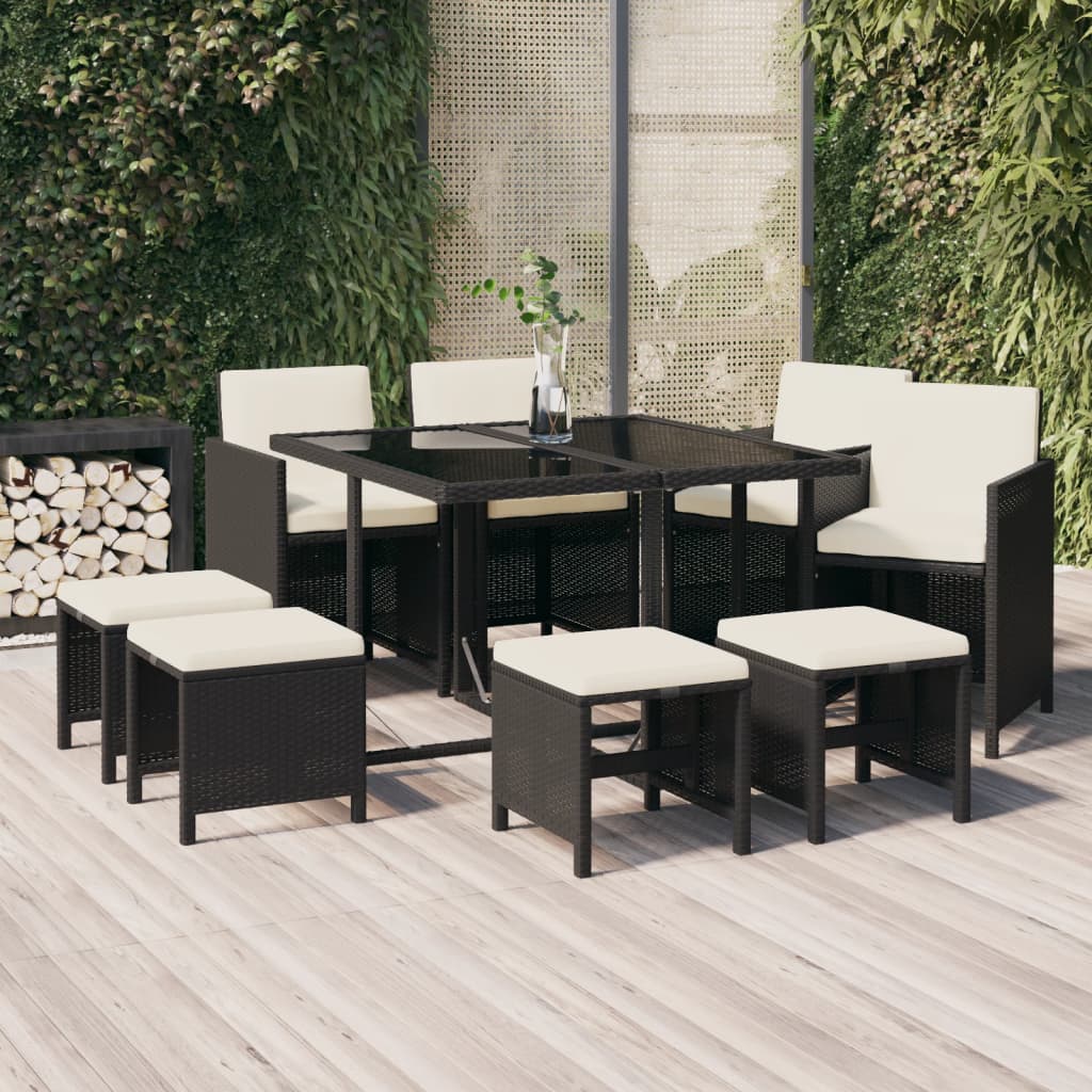 9 Pcs conjunto de jantar p/ jardim c/ almofadões vime PE preto