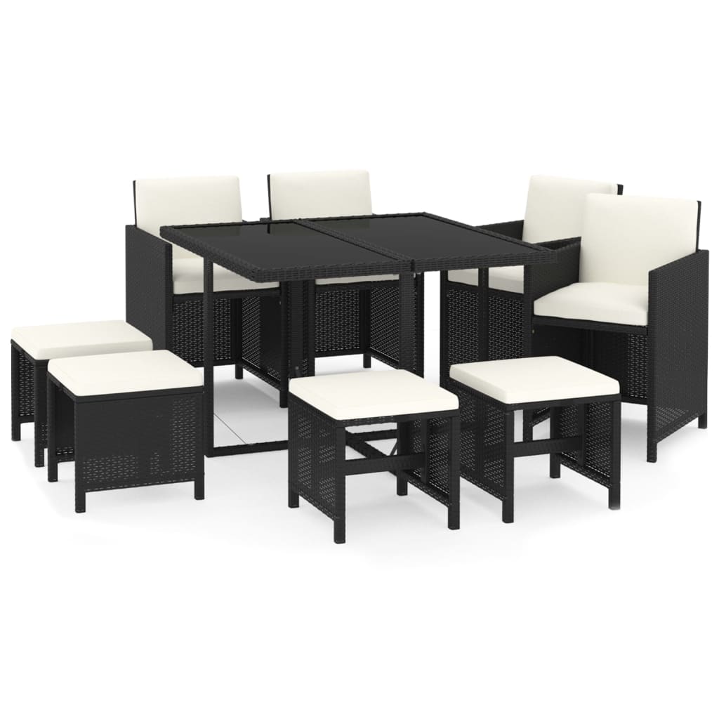 9 Pcs conjunto de jantar p/ jardim c/ almofadões vime PE preto