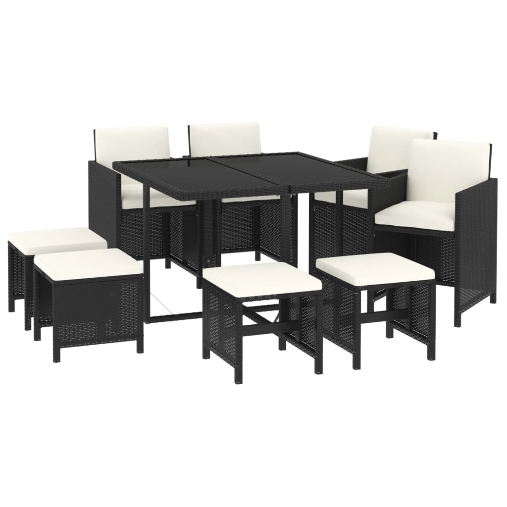 9 Pcs conjunto de jantar p/ jardim c/ almofadões vime PE preto