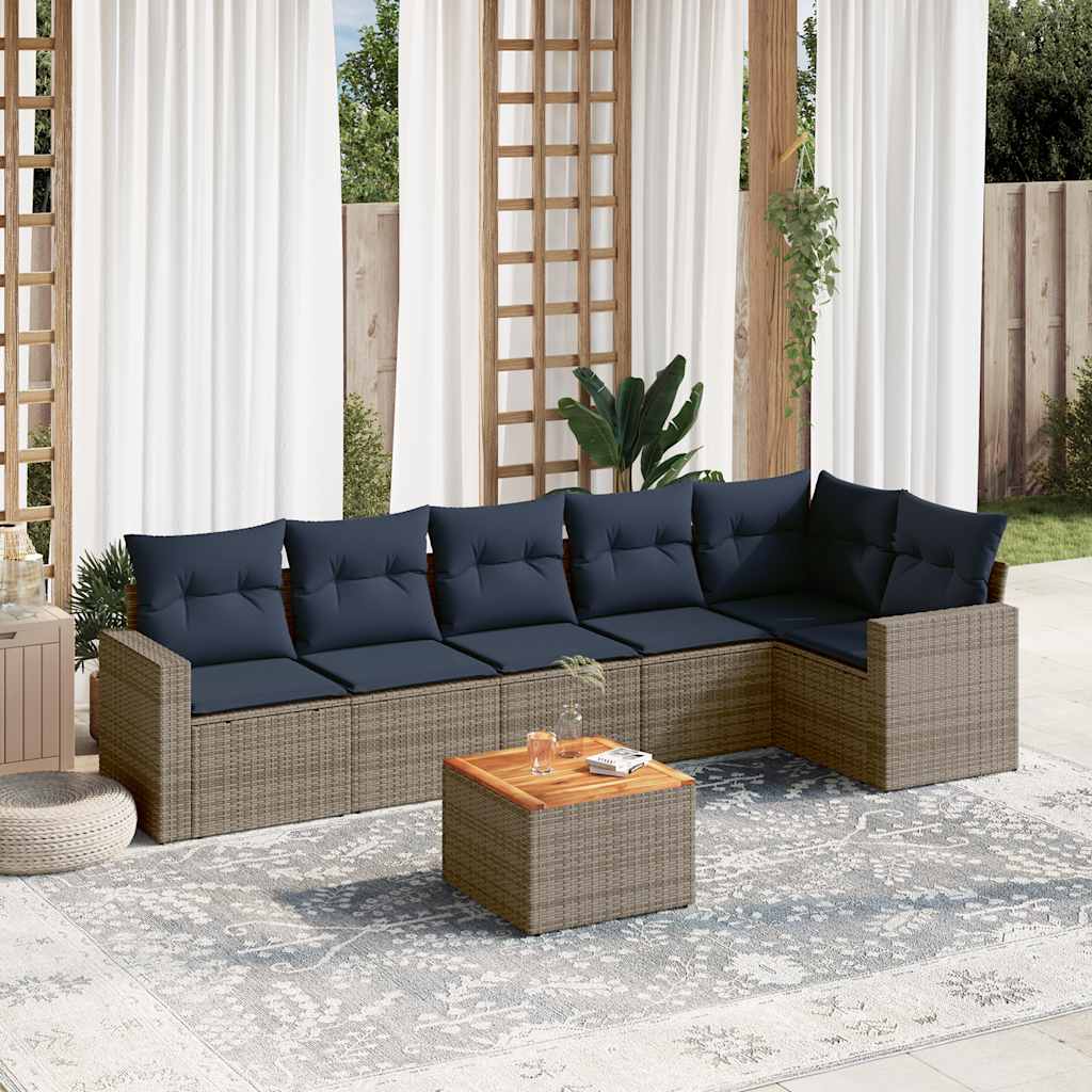 7 Pcs conjunto sofás p/ jardim c/ almofadões vime PE cinzento
