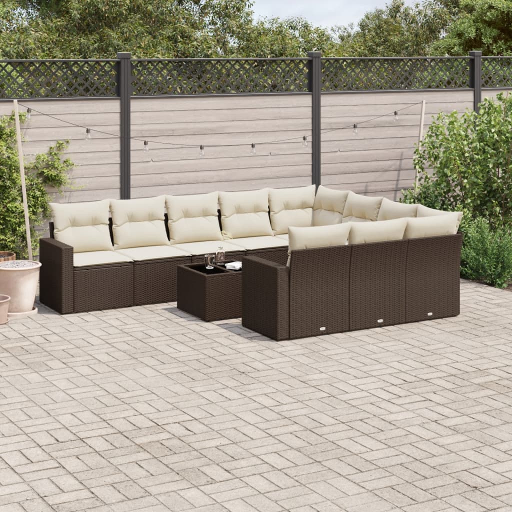 11 Pcs conjunto sofás de jardim c/ almofadões vime PE castanho