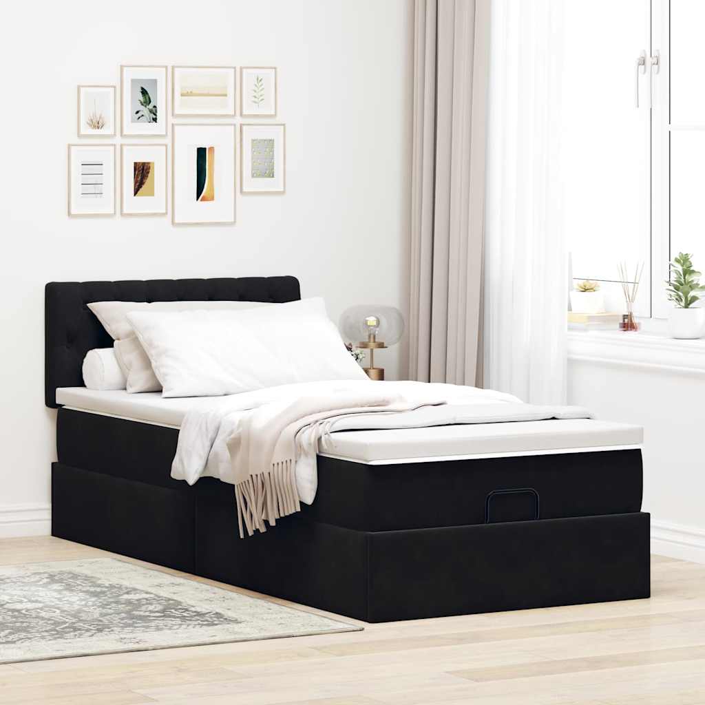 Estrutura de cama otomana com colchão preto veludo
