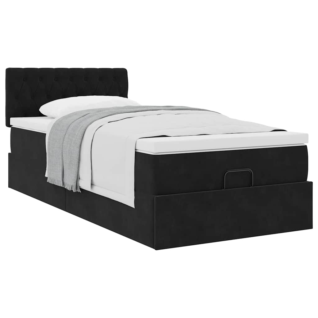 Estrutura de cama otomana com colchão preto veludo
