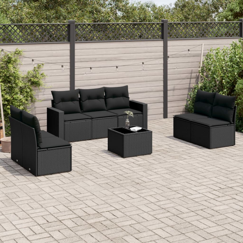 8 Pcs conjunto sofás de jardim com almofadões vime PE preto