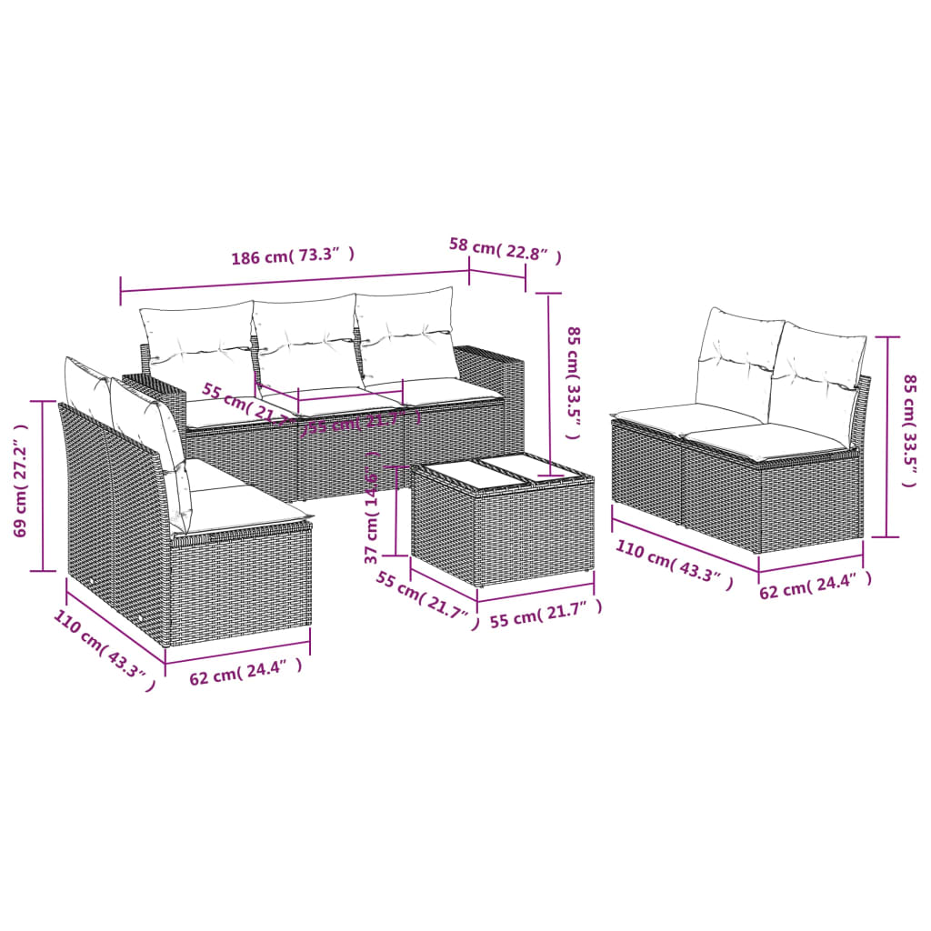 8 Pcs conjunto sofás de jardim com almofadões vime PE preto