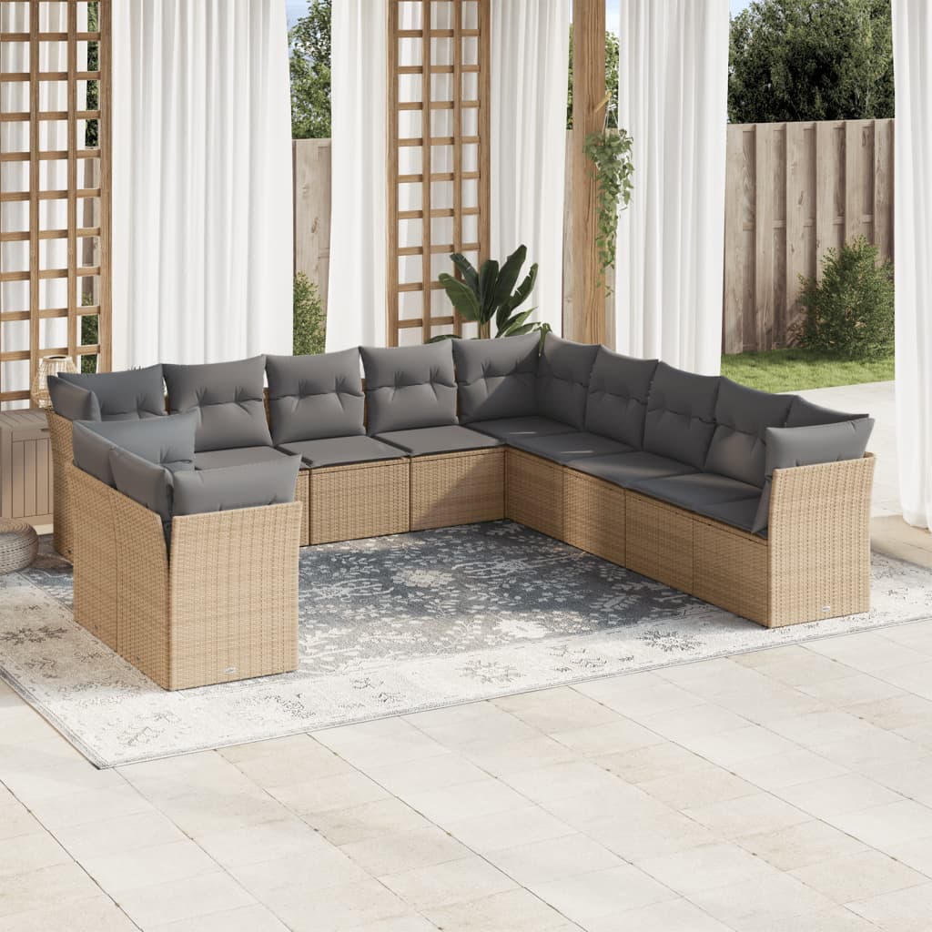 11 Pcs conjunto sofás de jardim c/ almofadões vime PE bege