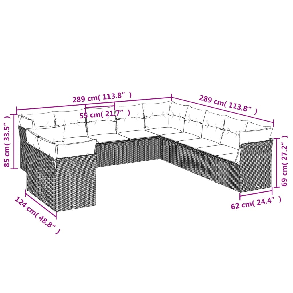 11 Pcs conjunto sofás de jardim c/ almofadões vime PE bege