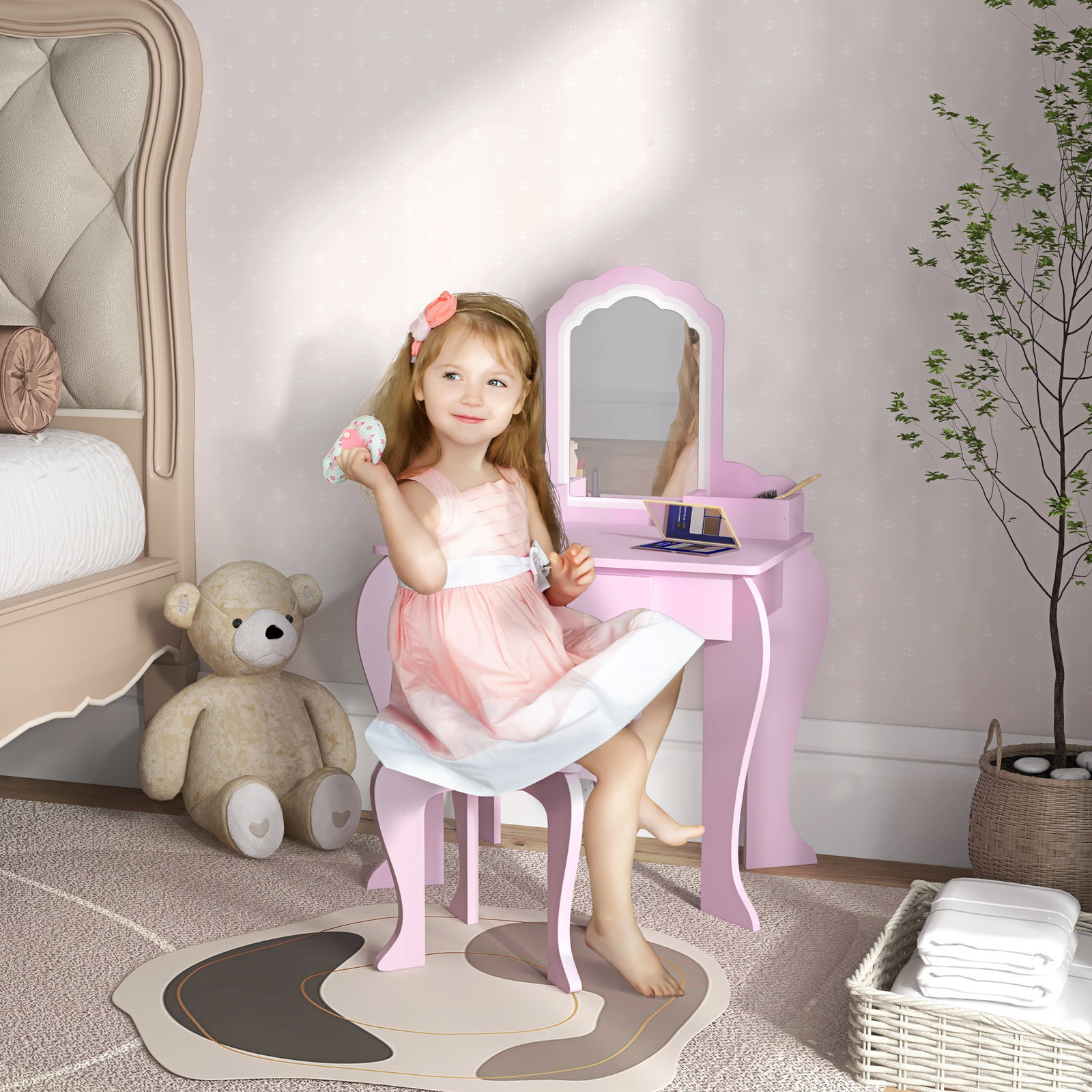 Toucador infantil para meninas e meninos toucador de maquilhagem com banco espelho gaveta e caixas de arrumação rosa