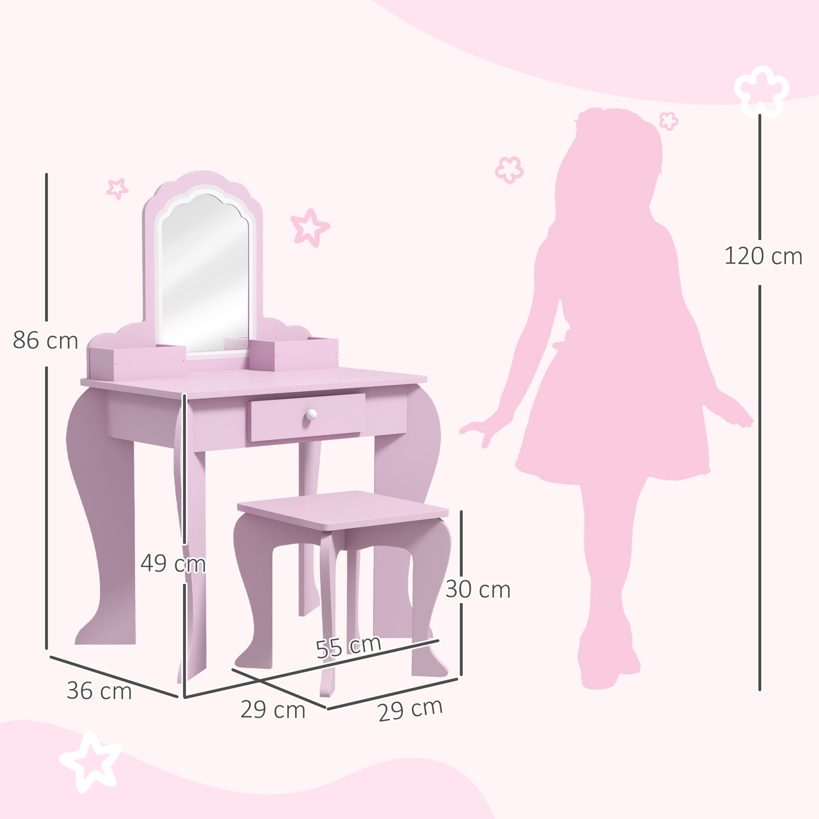 Toucador infantil para meninas e meninos toucador de maquilhagem com banco espelho gaveta e caixas de arrumação rosa