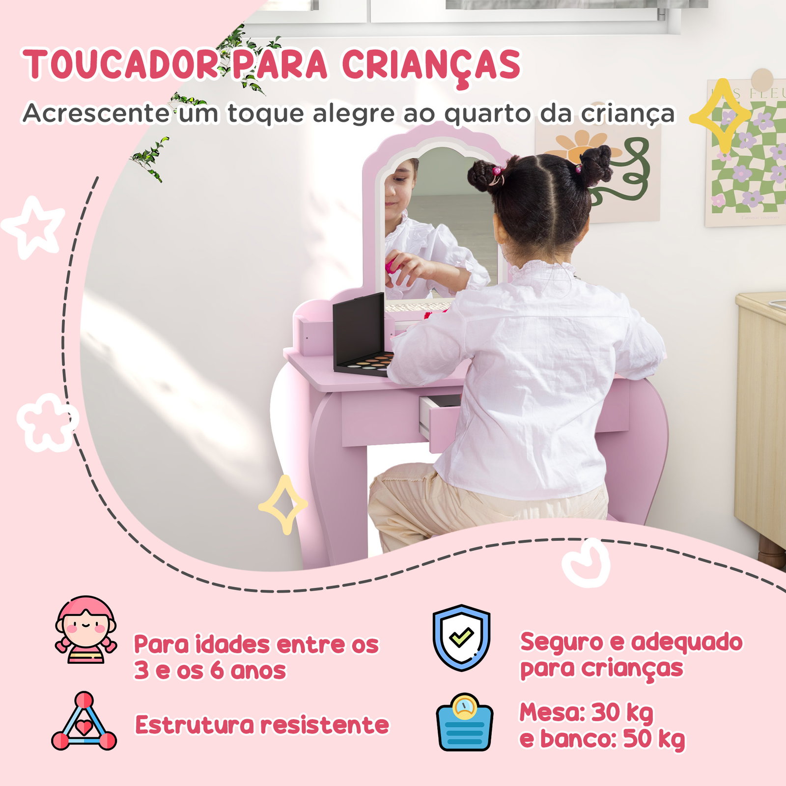 Toucador infantil para meninas e meninos toucador de maquilhagem com banco espelho gaveta e caixas de arrumação rosa