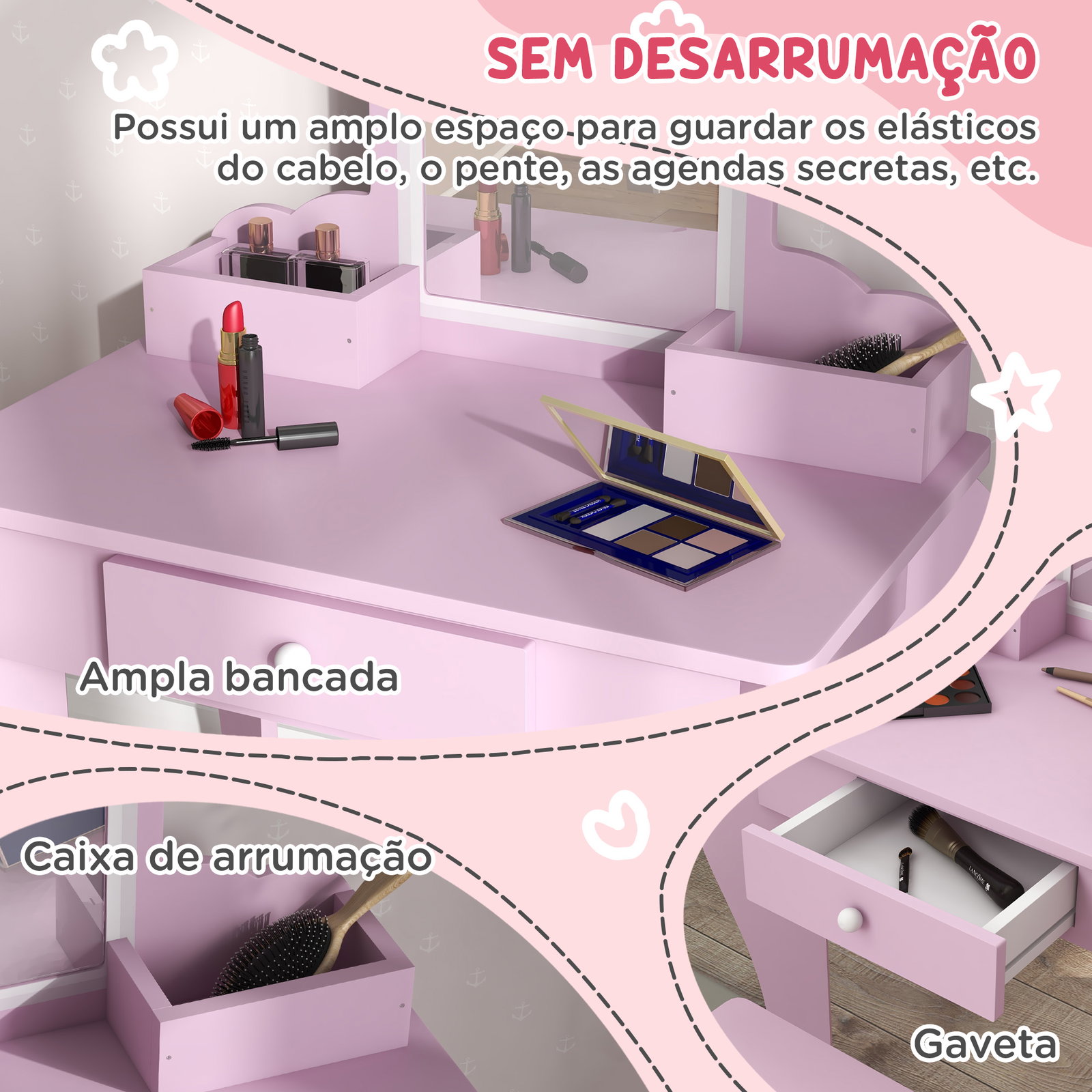 Toucador infantil para meninas e meninos toucador de maquilhagem com banco espelho gaveta e caixas de arrumação rosa