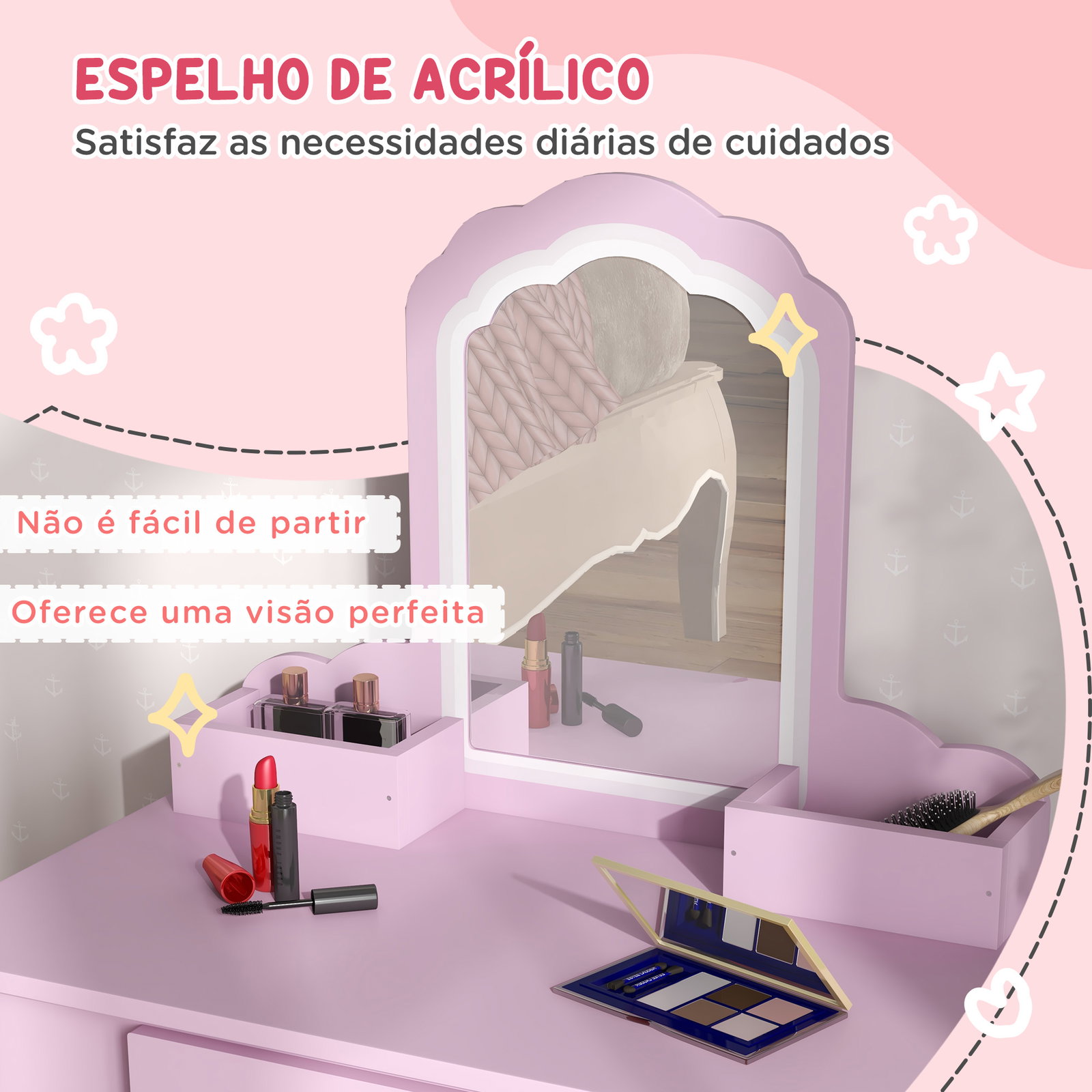 Toucador infantil para meninas e meninos toucador de maquilhagem com banco espelho gaveta e caixas de arrumação rosa