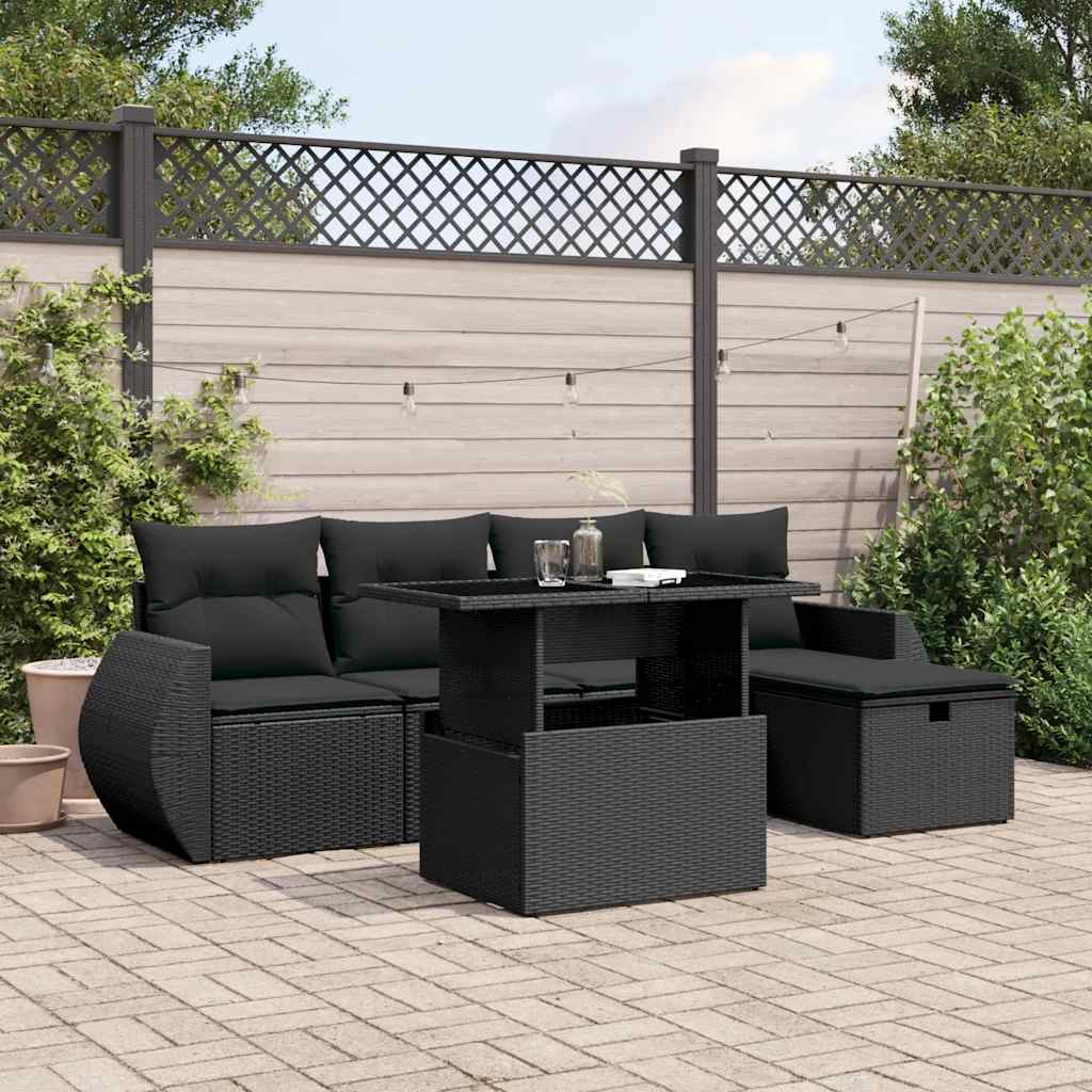 6 Pcs conjunto sofás de jardim c/ almofadões vime PE preto