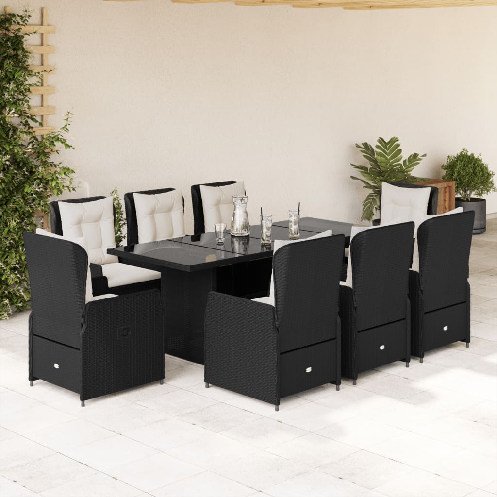9 Pcs conjunto de jantar p/ jardim c/ almofadões vime PE preto