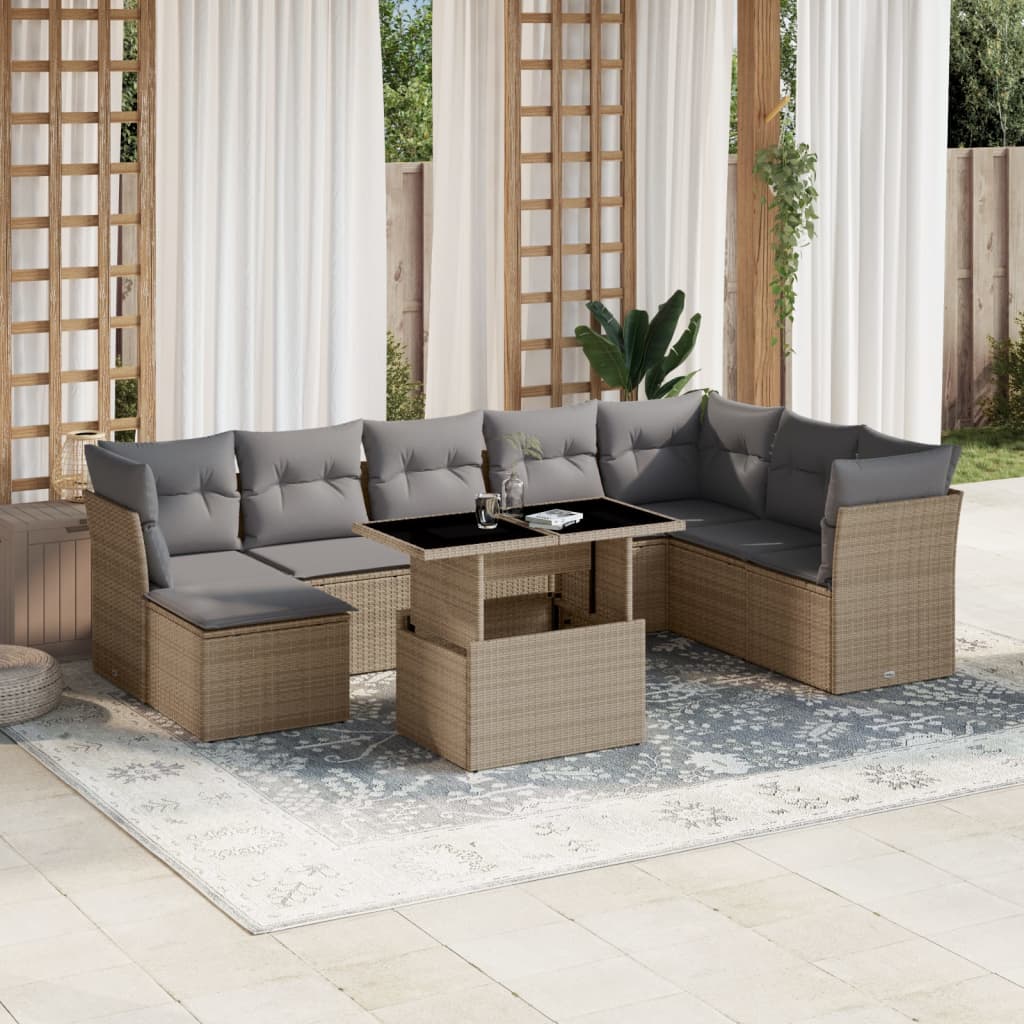 9 Pcs conjunto de sofás p/ jardim com almofadões vime PE bege