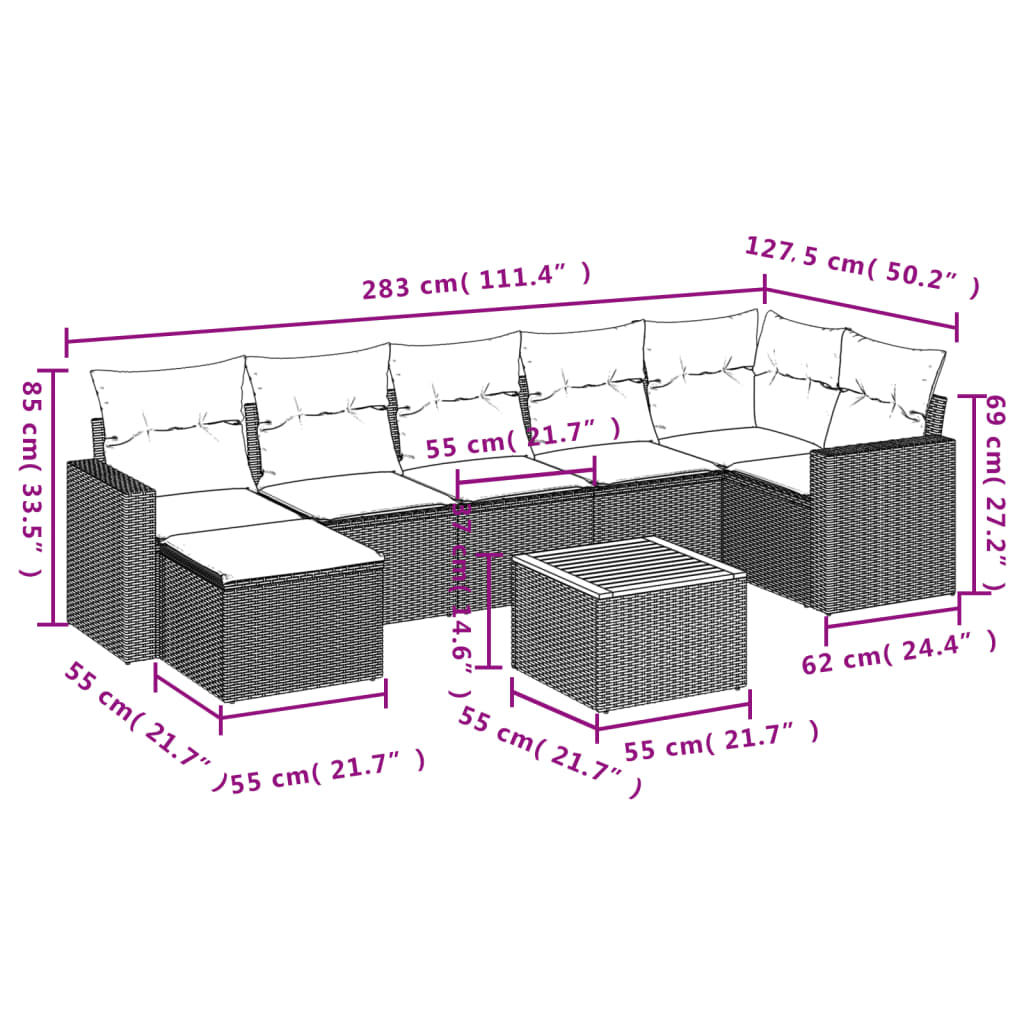8 Pcs conjunto sofás de jardim com almofadões vime PE preto