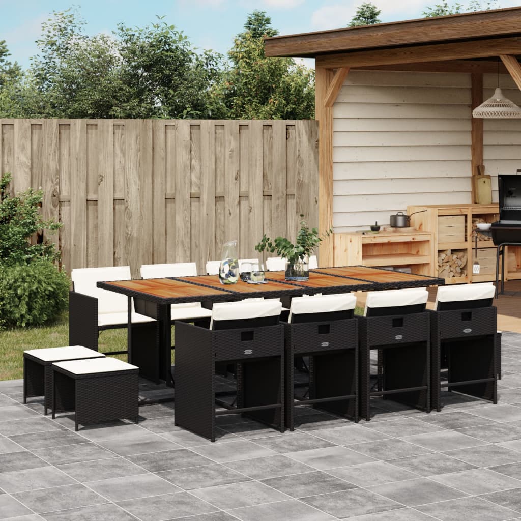 13 Pcs conjunto de jantar p/jardim com almofadões vime PE preto