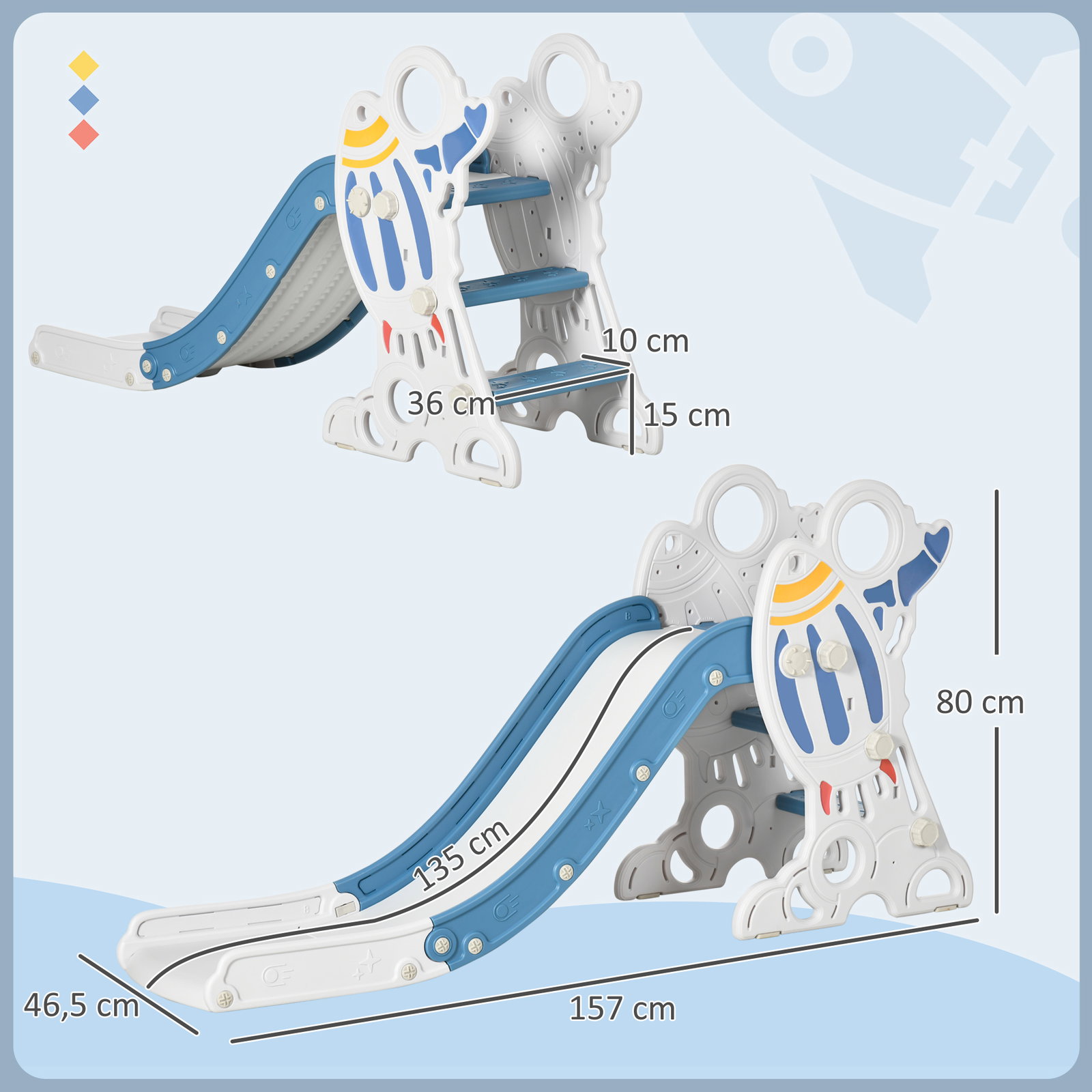Escorregador para crianças de 18-36 meses com 3 degraus antiderrapantes 157x46,5x80 cm azul
