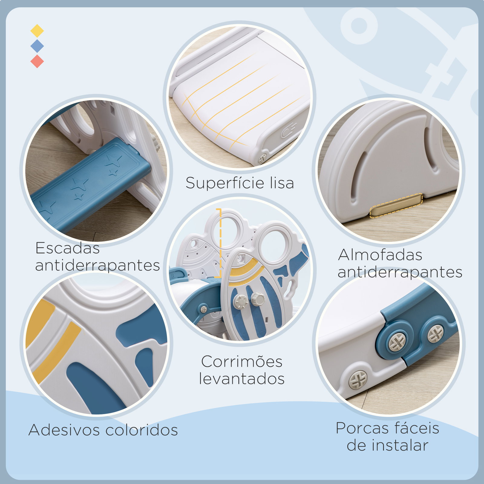 Escorregador para crianças de 18-36 meses com 3 degraus antiderrapantes 157x46,5x80 cm azul