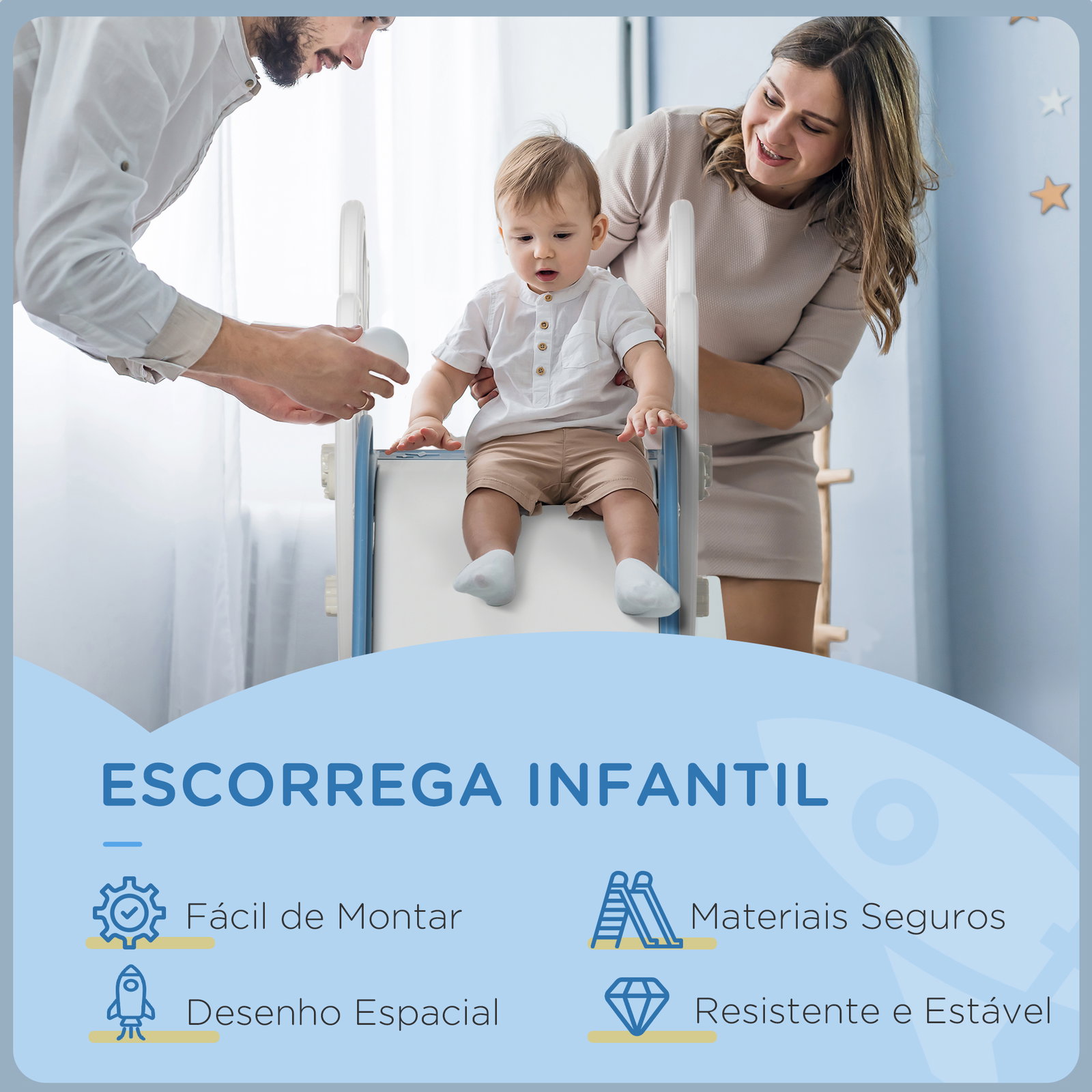 Escorregador para crianças de 18-36 meses com 3 degraus antiderrapantes 157x46,5x80 cm azul