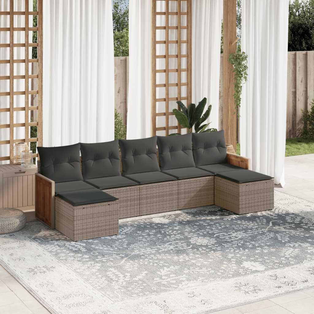 7 Pcs conjunto sofás p/ jardim c/ almofadões vime PE cinzento