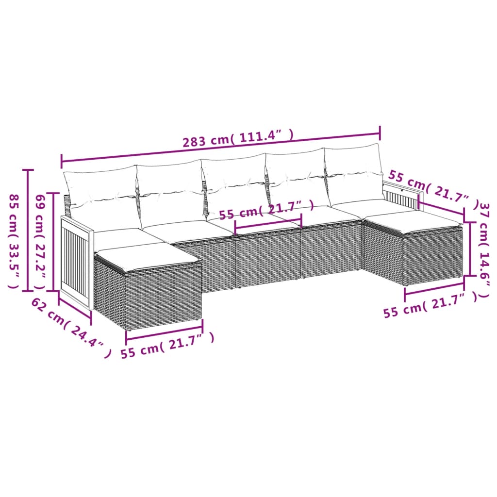 7 Pcs conjunto sofás p/ jardim c/ almofadões vime PE cinzento