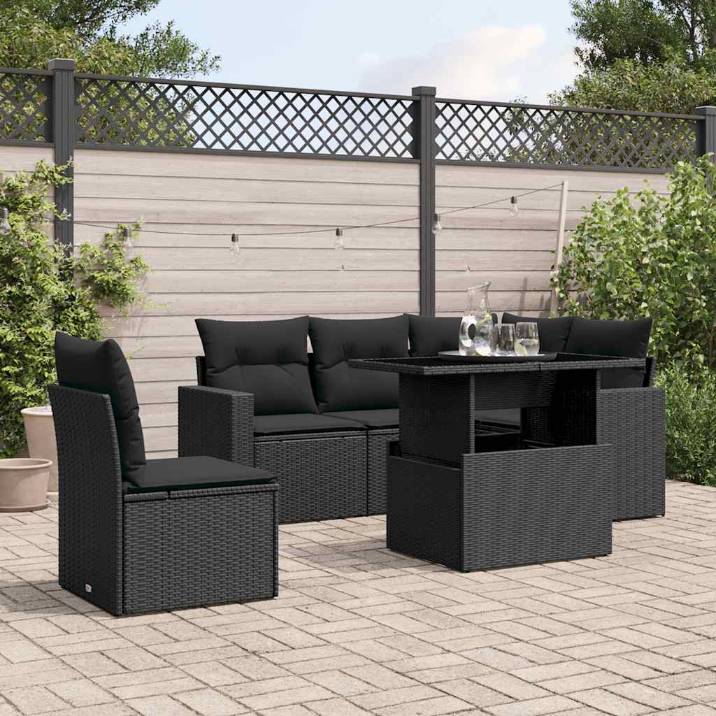 6 Pcs conjunto sofás de jardim c/ almofadões vime PE preto