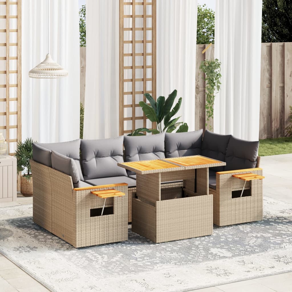 7 Pcs conjunto de sofás p/ jardim com almofadões vime PE bege