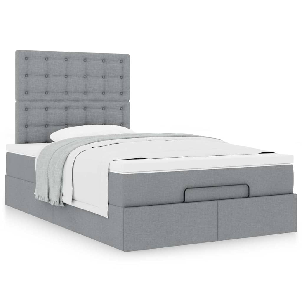 Estrutura de cama otomana com colchão cinza claro tecido