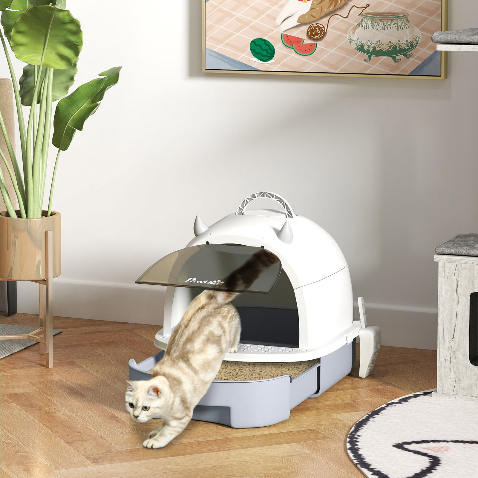 Caixa de areia para gatos fechada com tampa e bandeja amovíveis filtro de carvão e pá 40,5x52x39 cm branco e cinza