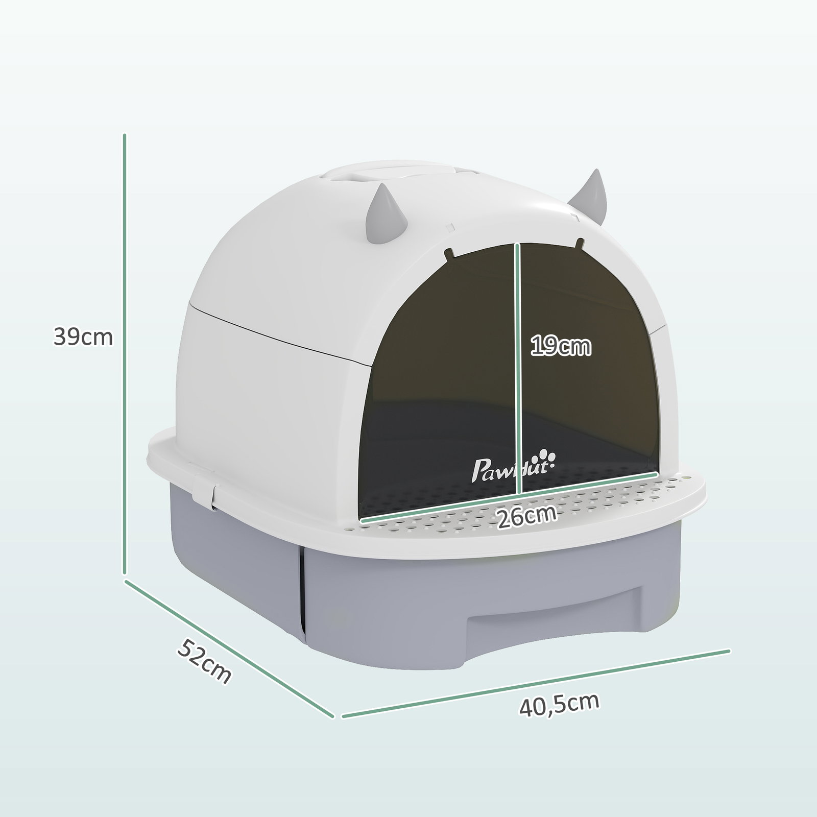 Caixa de areia para gatos fechada com tampa e bandeja amovíveis filtro de carvão e pá 40,5x52x39 cm branco e cinza