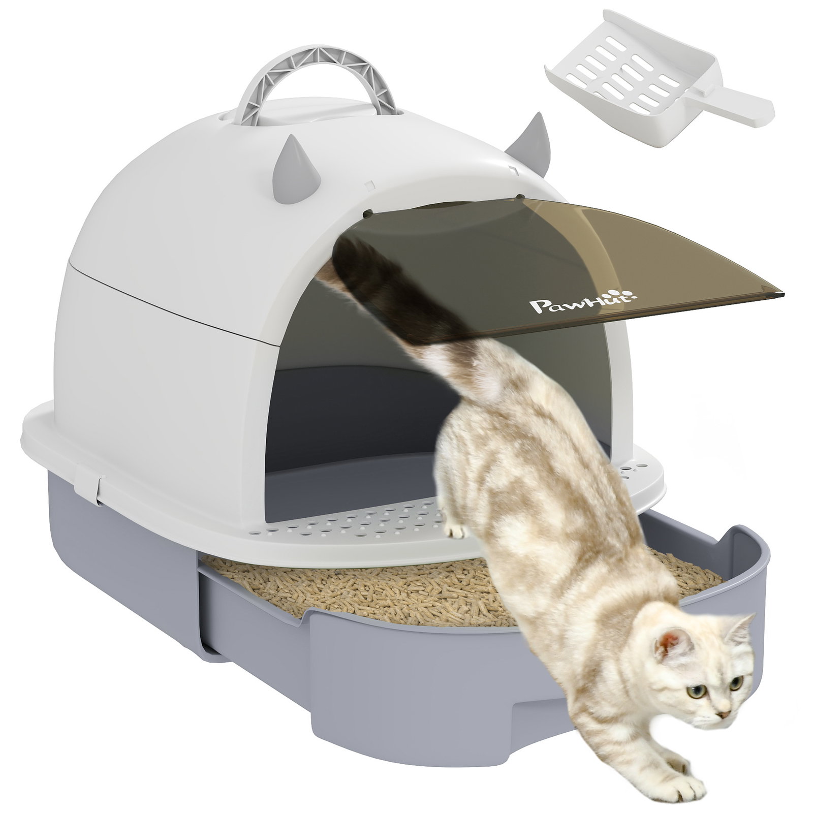 Caixa de areia para gatos fechada com tampa e bandeja amovíveis filtro de carvão e pá 40,5x52x39 cm branco e cinza
