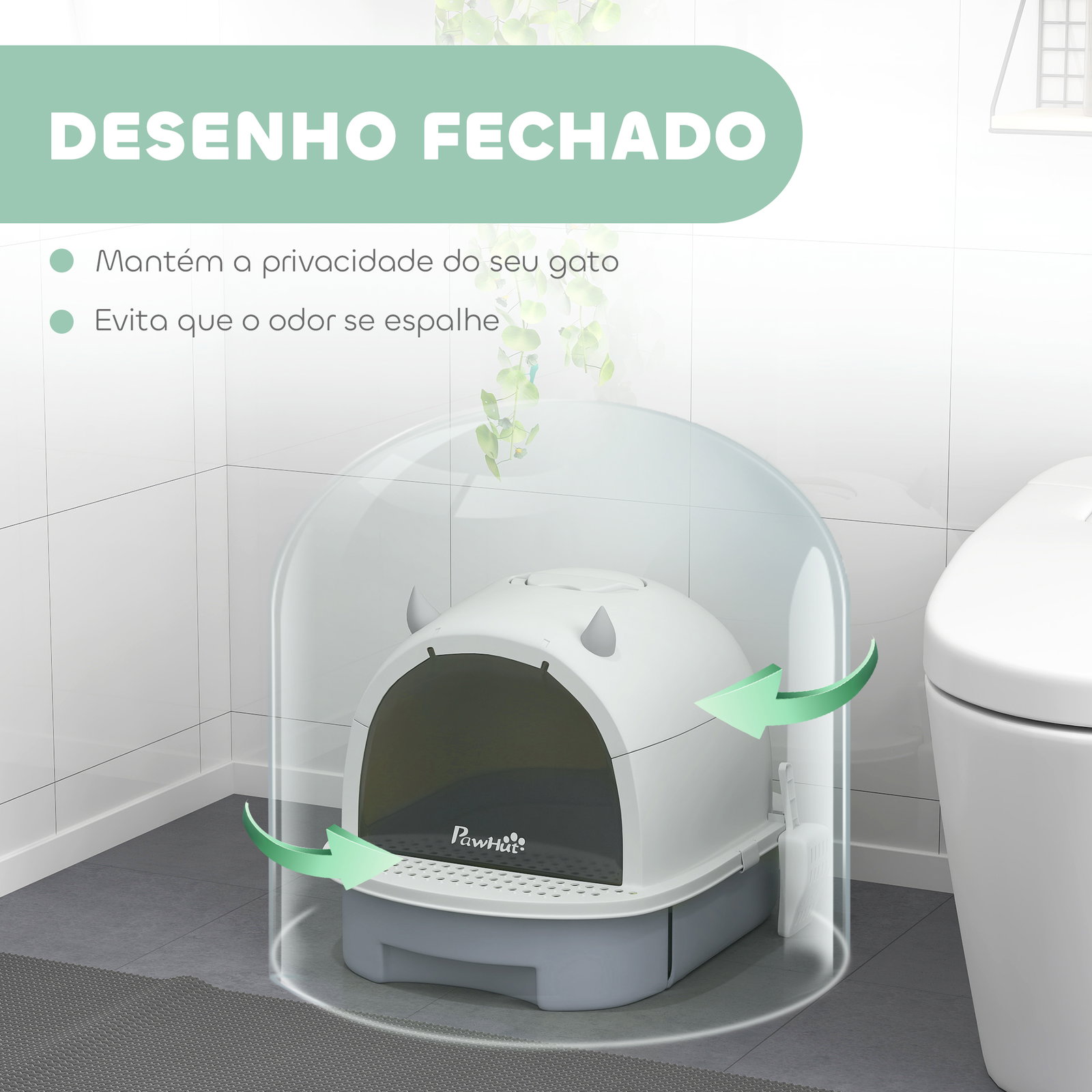 Caixa de areia para gatos fechada com tampa e bandeja amovíveis filtro de carvão e pá 40,5x52x39 cm branco e cinza