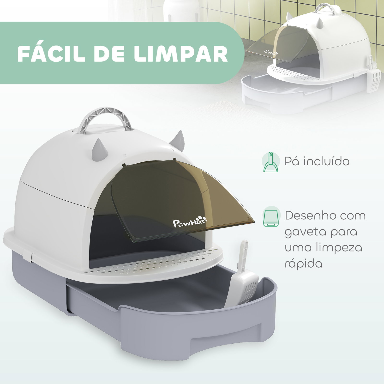 Caixa de areia para gatos fechada com tampa e bandeja amovíveis filtro de carvão e pá 40,5x52x39 cm branco e cinza