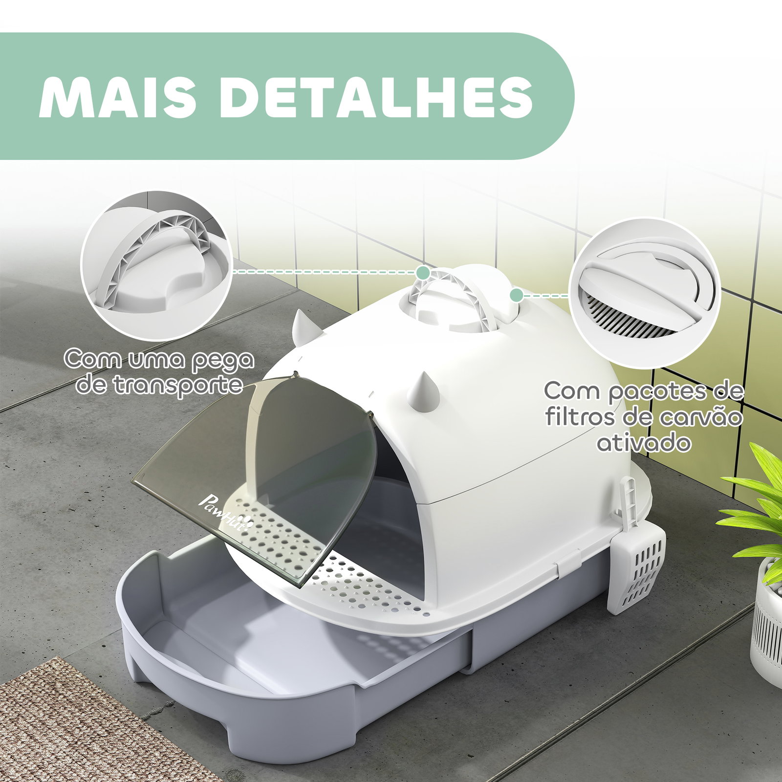 Caixa de areia para gatos fechada com tampa e bandeja amovíveis filtro de carvão e pá 40,5x52x39 cm branco e cinza