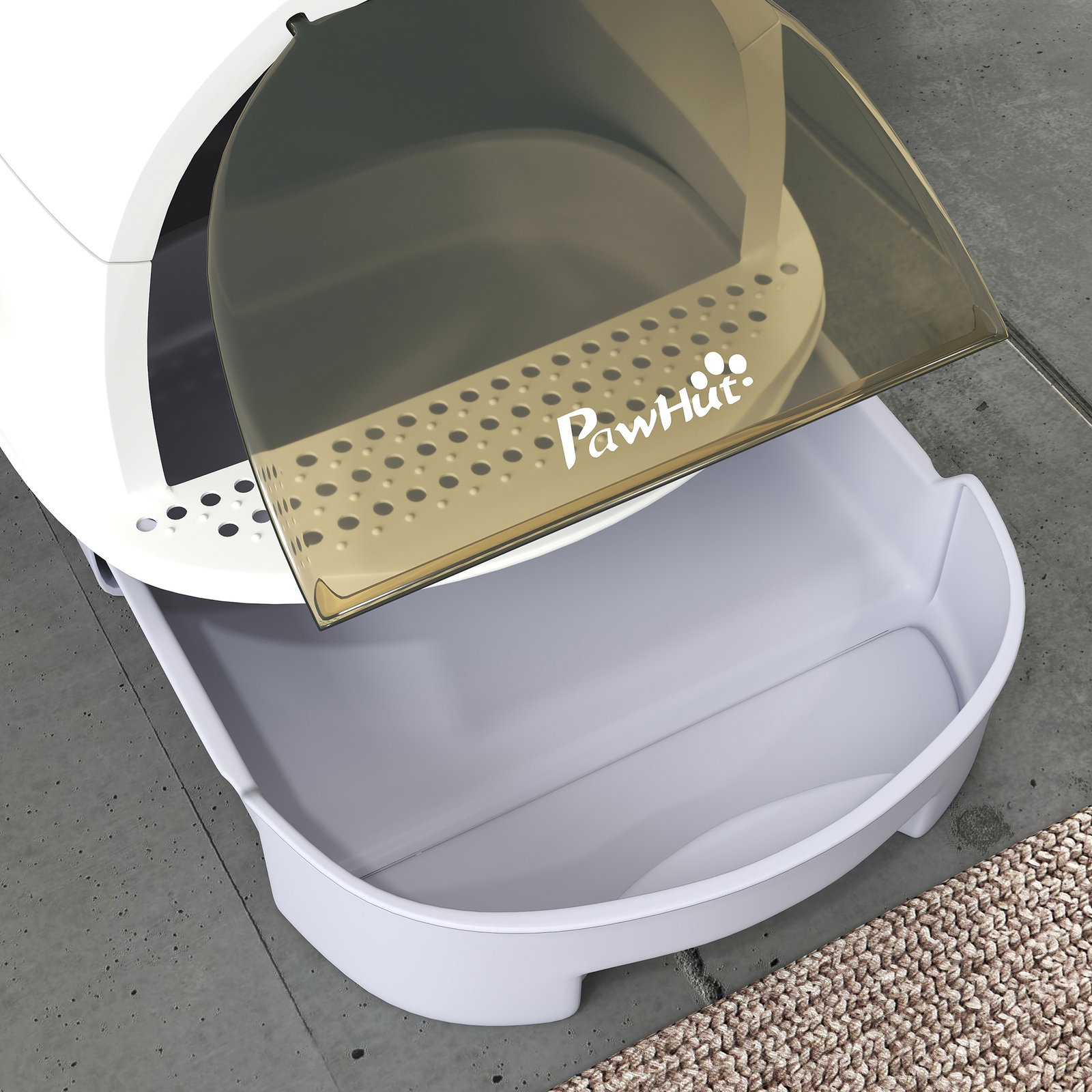 Caixa de areia para gatos fechada com tampa e bandeja amovíveis filtro de carvão e pá 40,5x52x39 cm branco e cinza